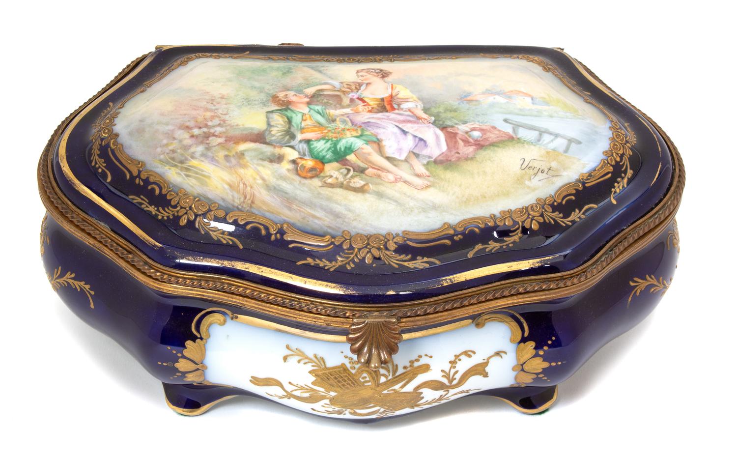 A Sevres Polychrome and Gilt Decorated Porcelain Jewel Box Height 5 x width 11 1/2 x depth 8 1/2 inches. — 19TH CENTURY