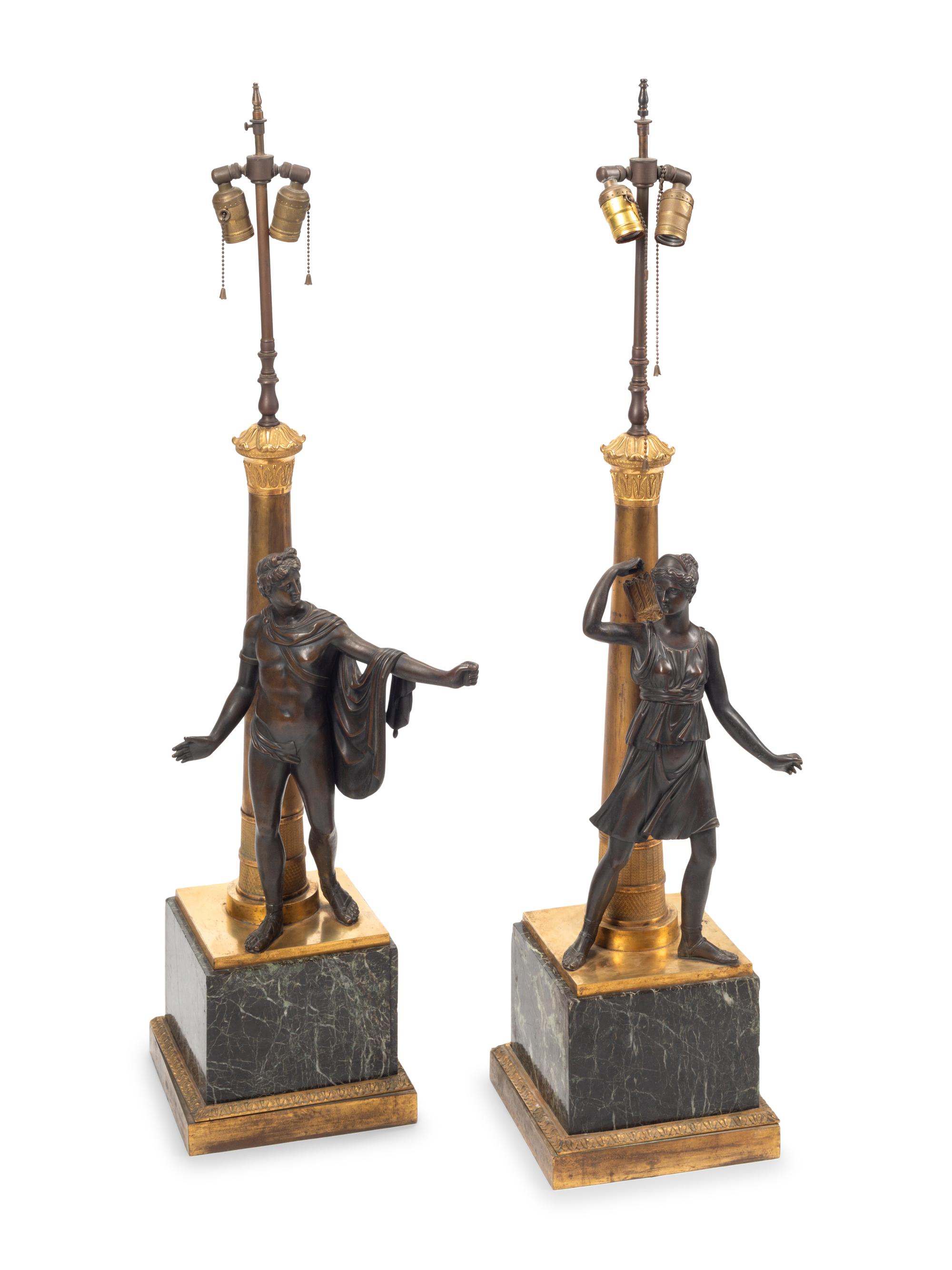 A Pair of Gilt and Patinated Bronze Figures of Diana and Apollo
