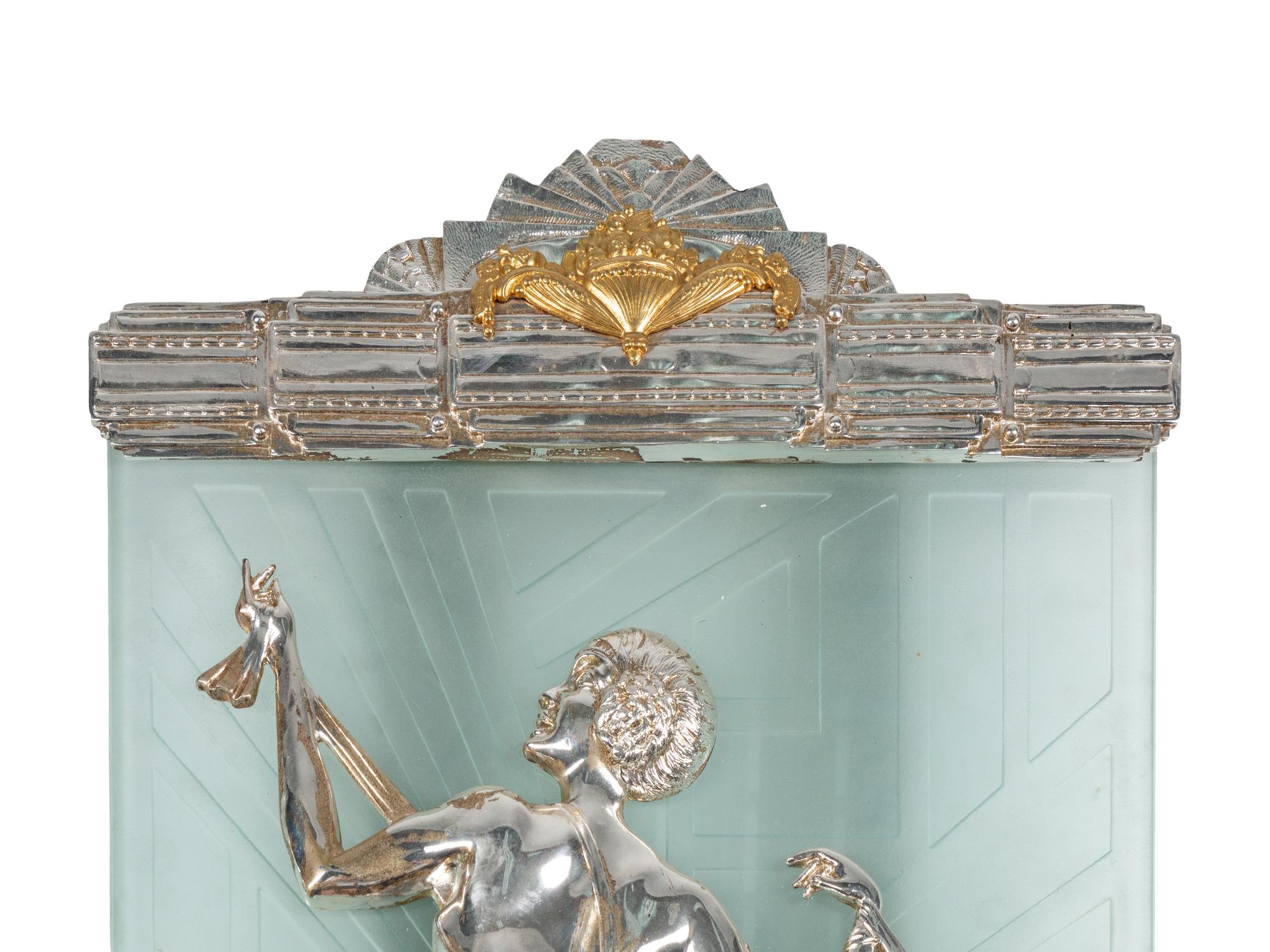 A Pair of Large Art Deco Style Gilt and Silvered Bronze Etched Glass Sconces