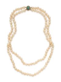 DOUBLE STRAND CULTURED PEARL AND JADE NECKLACE
