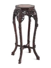 A Chinese Marble Inset Carved Hardwood Pedestal