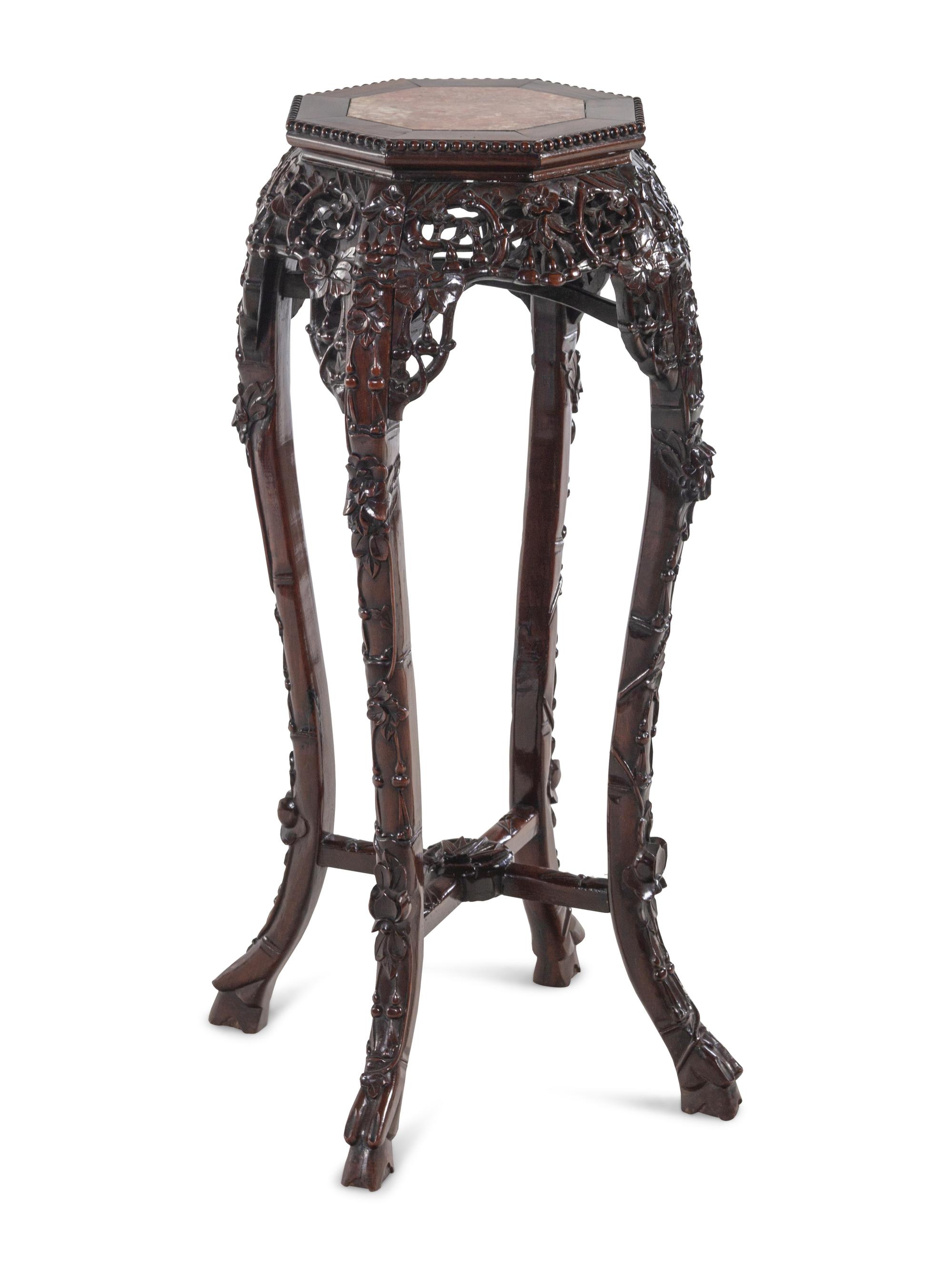 A Chinese Marble Inset Carved Hardwood Pedestal