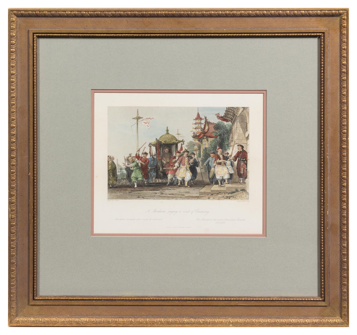 A Group of Four Engravings with Hand Coloring Each 7 1/4 x 8 7/8 inches (visible).