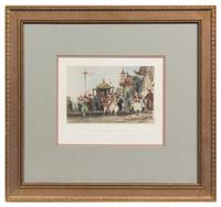 A Group of Four Engravings with Hand Coloring Each 7 1/4 x 8 7/8 inches (visible).