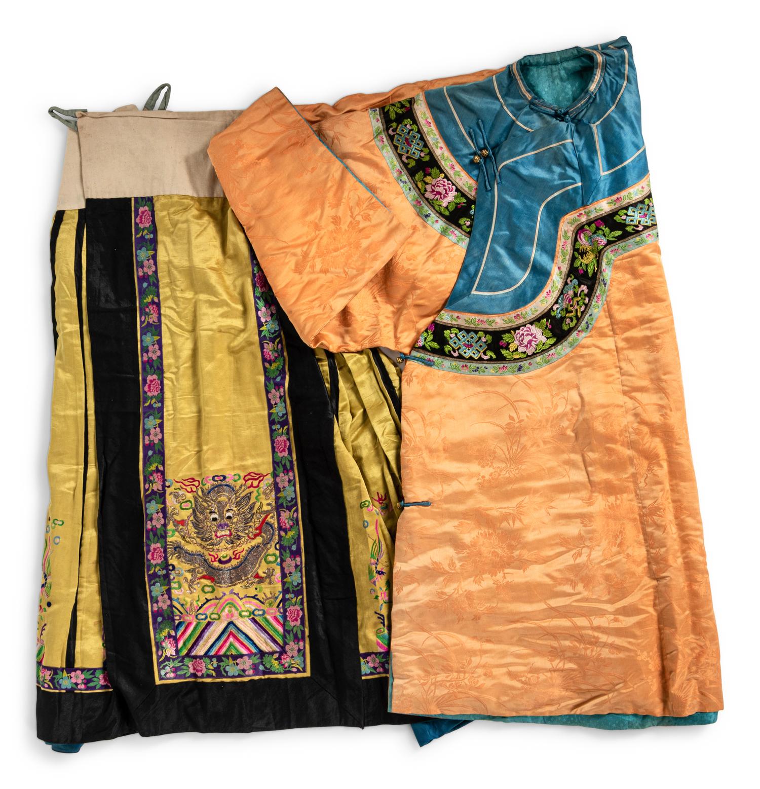 A Chinese Lady's Embroidered Silk Jacket and A Yellow Ground Silk Apron Skirt