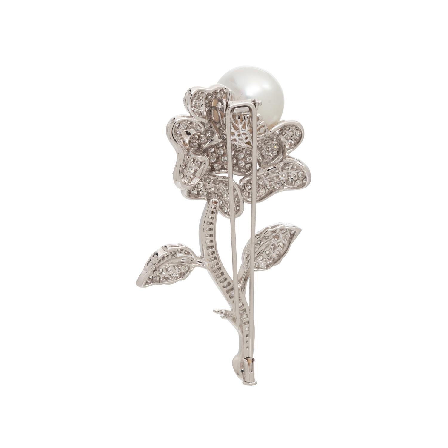 SOUTH SEA CULTURED PEARL, DIAMOND AND WHITE GOLD FLOWER BROOCH