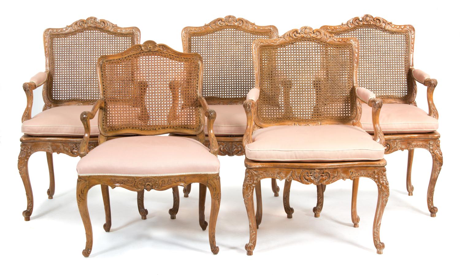 Five Louis XV Style Carved and Painted Fauteuils Height 39 x width 25 x depth 20 inches. — 20TH CENTURY