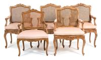 Five Louis XV Style Carved and Painted Fauteuils Height 39 x width 25 x depth 20 inches. — 20TH CENTURY