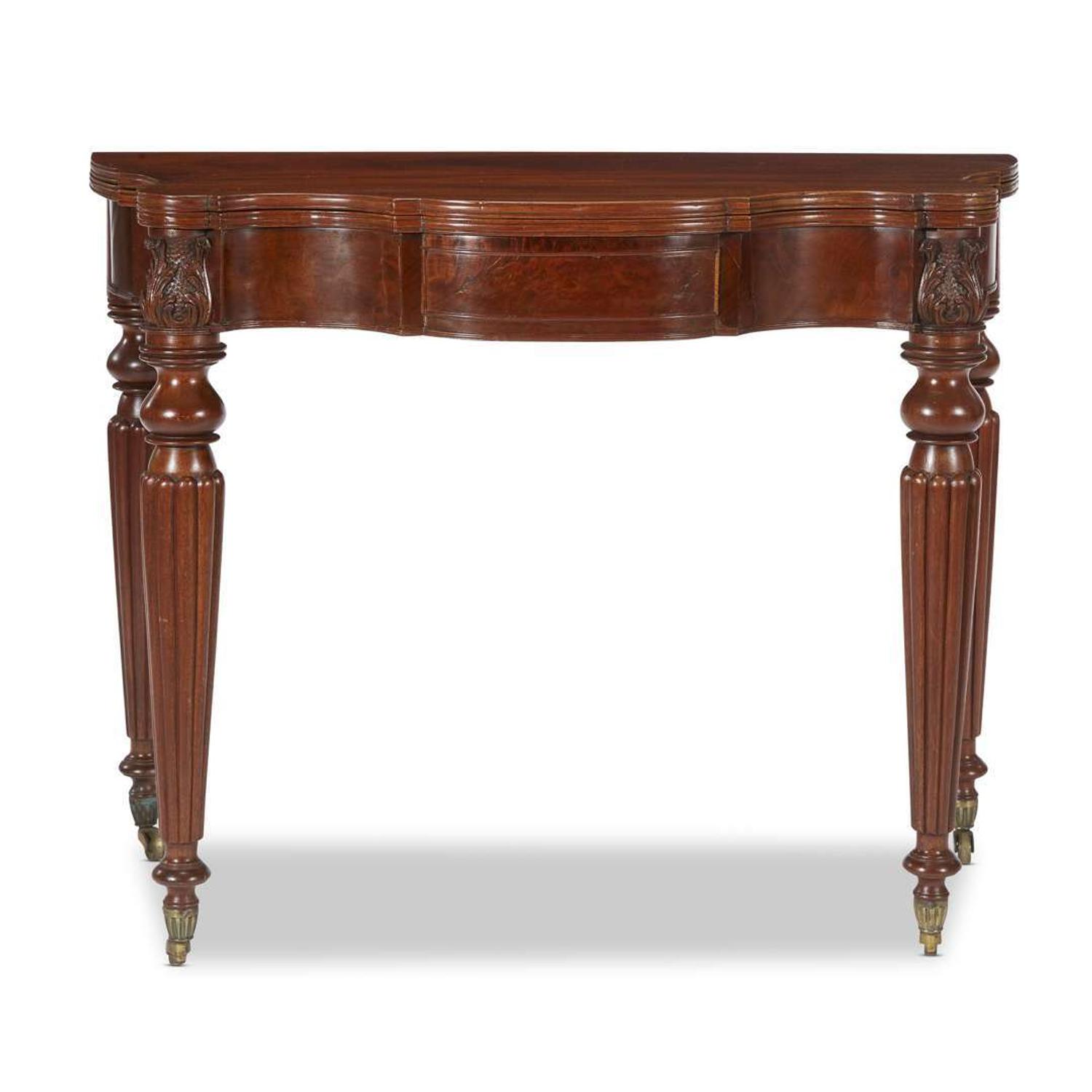 Classical carved figured mahogany card table in the manner of Samuel McIntire, Salem, MA, circa 1820