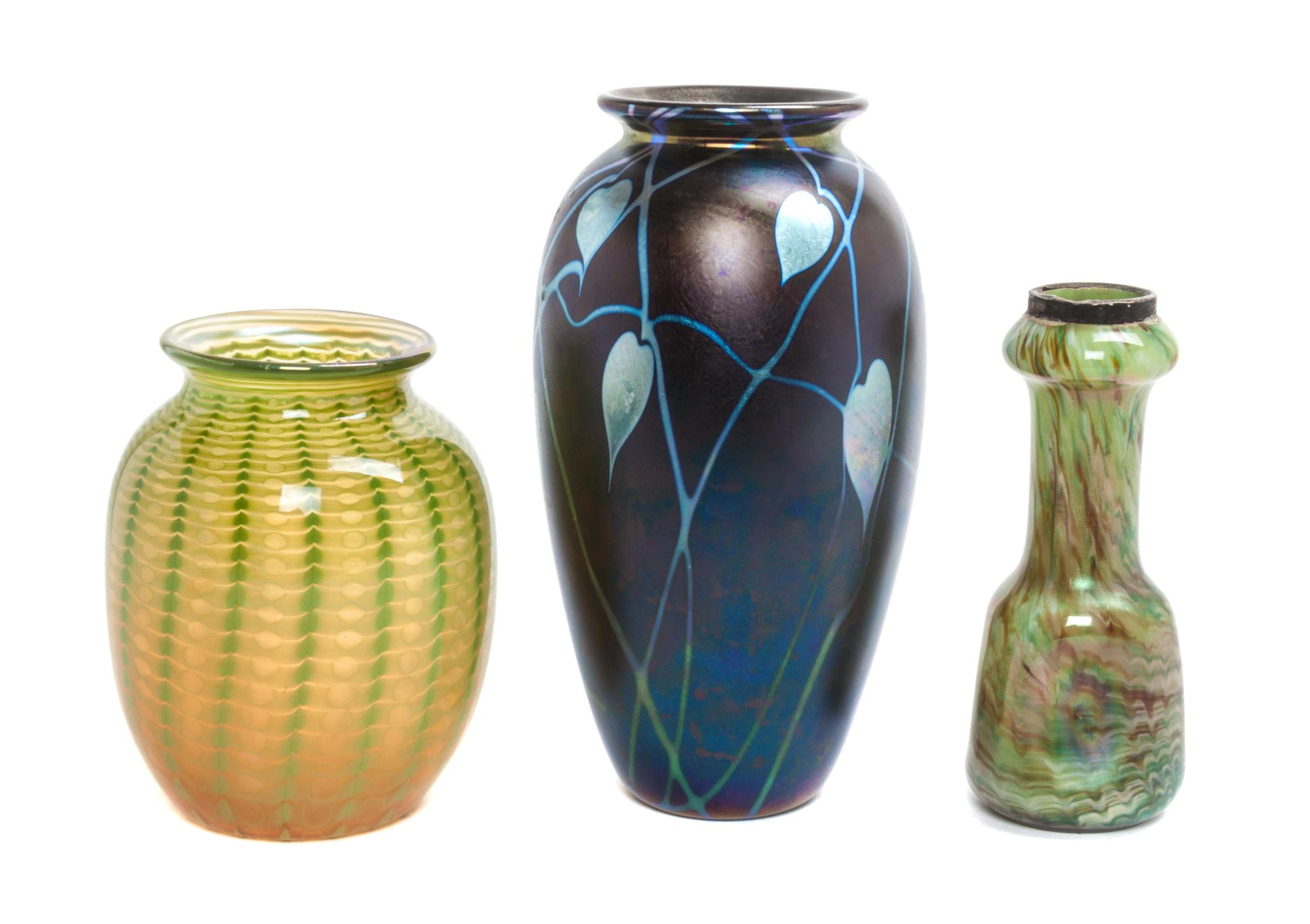 Three Studio Glass Vases Height of tallest 9 1/4 inches.