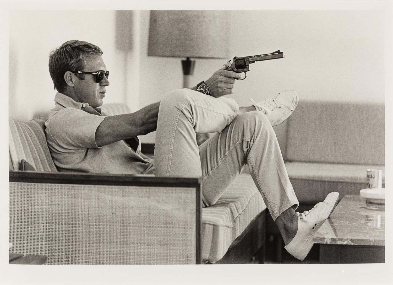 Steve Mcqueen Aims a Pistol in His Living Room