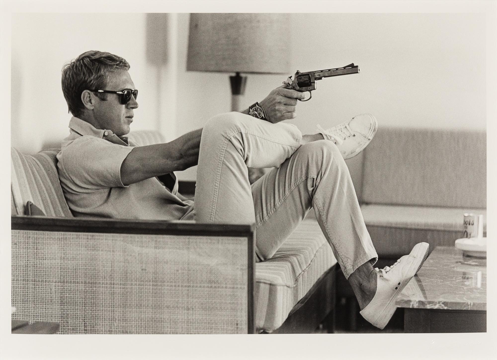 Steve Mcqueen Aims a Pistol in His Living Room