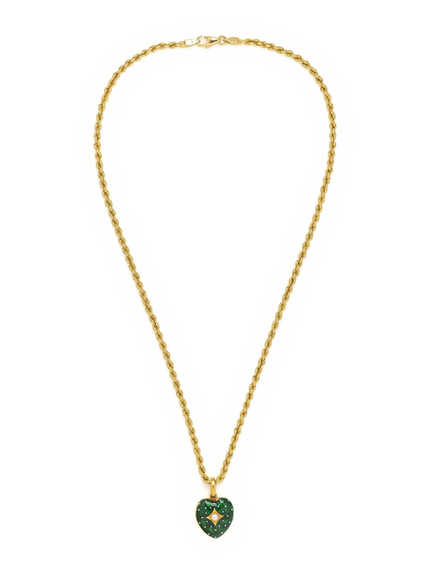 YELLOW GOLD, ENAMEL, AND SEED PEARL LOCKET AND CHAIN