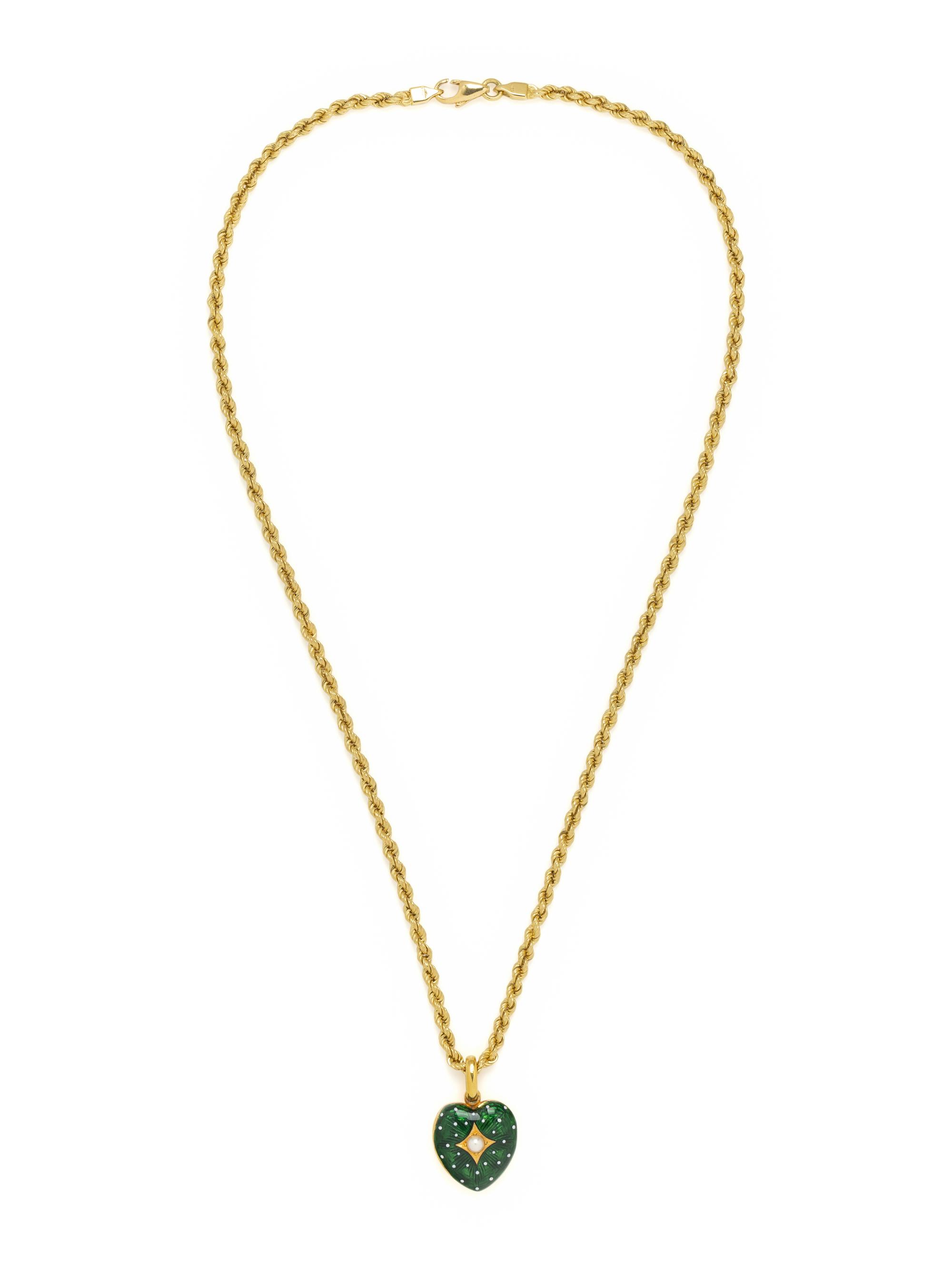 YELLOW GOLD, ENAMEL, AND SEED PEARL LOCKET AND CHAIN