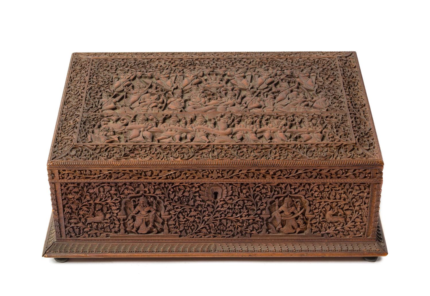 An Indian Relief Carved Wood Box 19TH CENTURY Length 15 3/4 x width 10 3/4 in x height 5 1/2 inches. — 19TH CENTURY