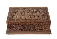 An Indian Relief Carved Wood Box 19TH CENTURY Length 15 3/4 x width 10 3/4 in x height 5 1/2 inches. — 19TH CENTURY