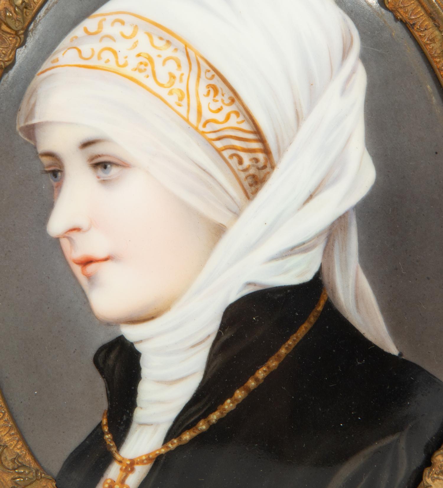 Two Continental Painted Porcelain Plaques in Gilt Metal Frames