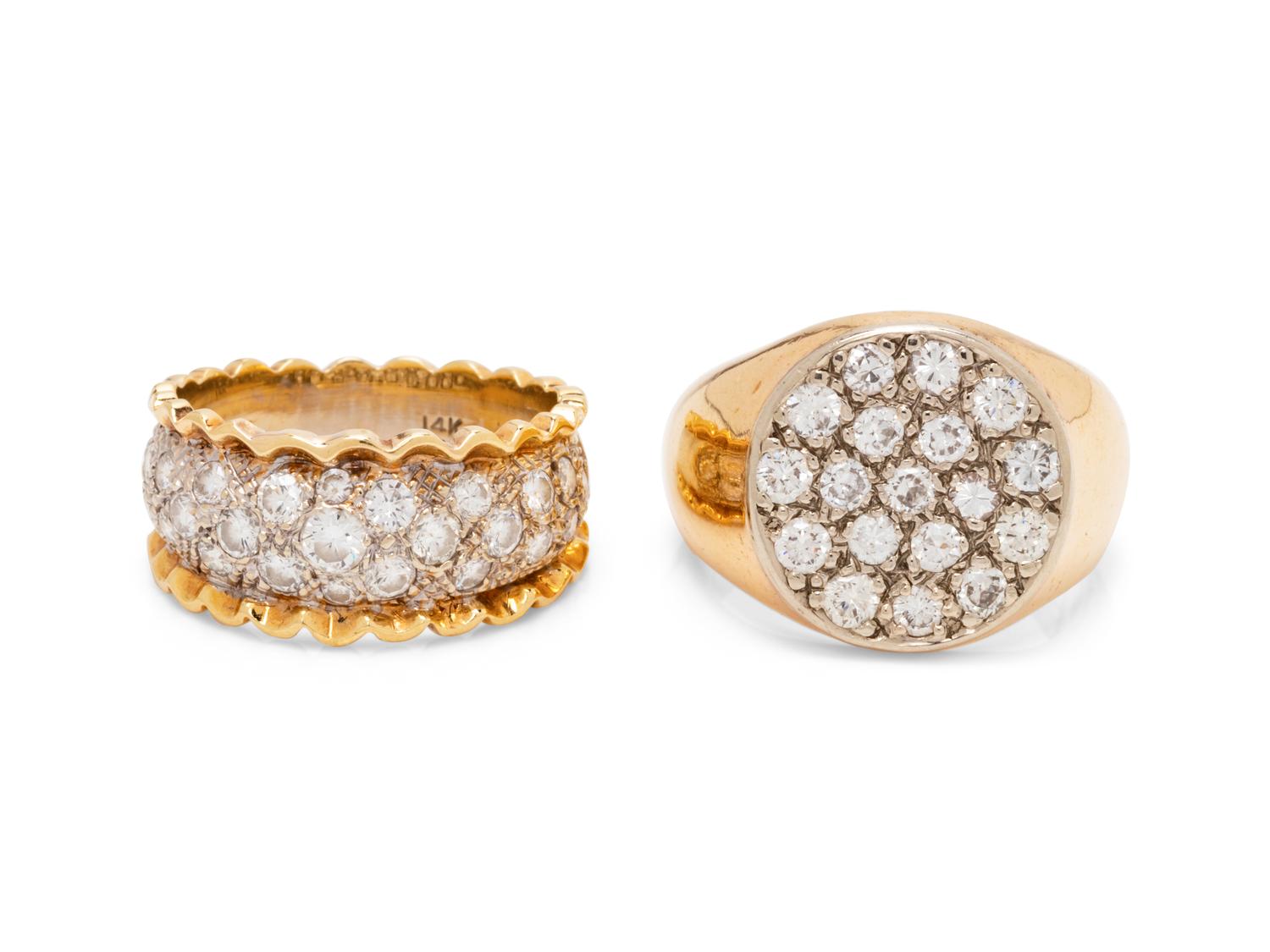 A Collection of 14 Karat Yellow Gold and Diamond Rings,