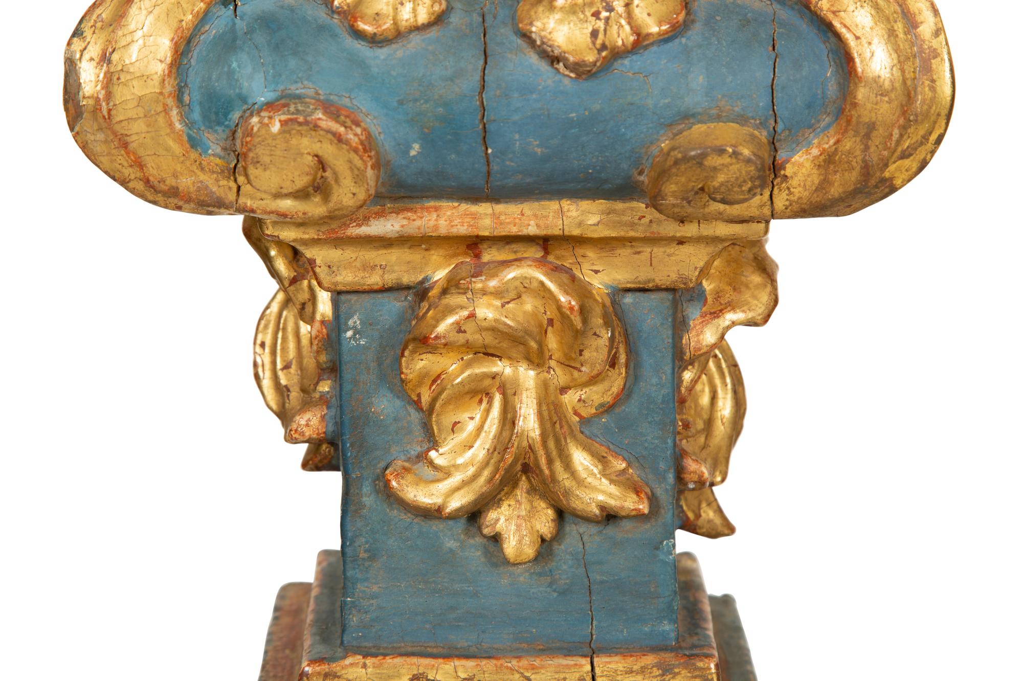 A Pair of Italian Baroque Blue-Painted and Parcel-Gilt Pedestals