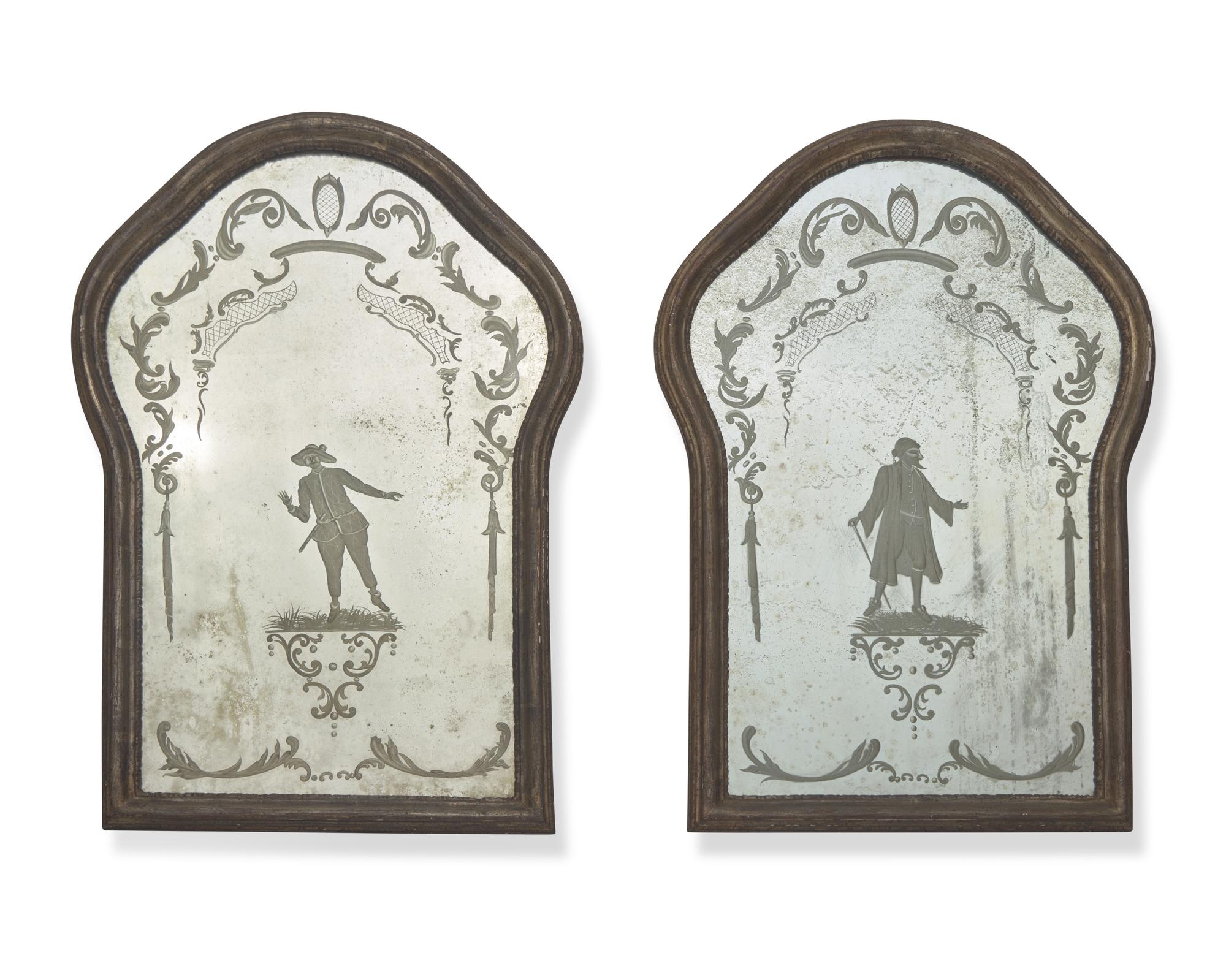 A pair of Venetian etched glass and giltwood mirrors, 18th century