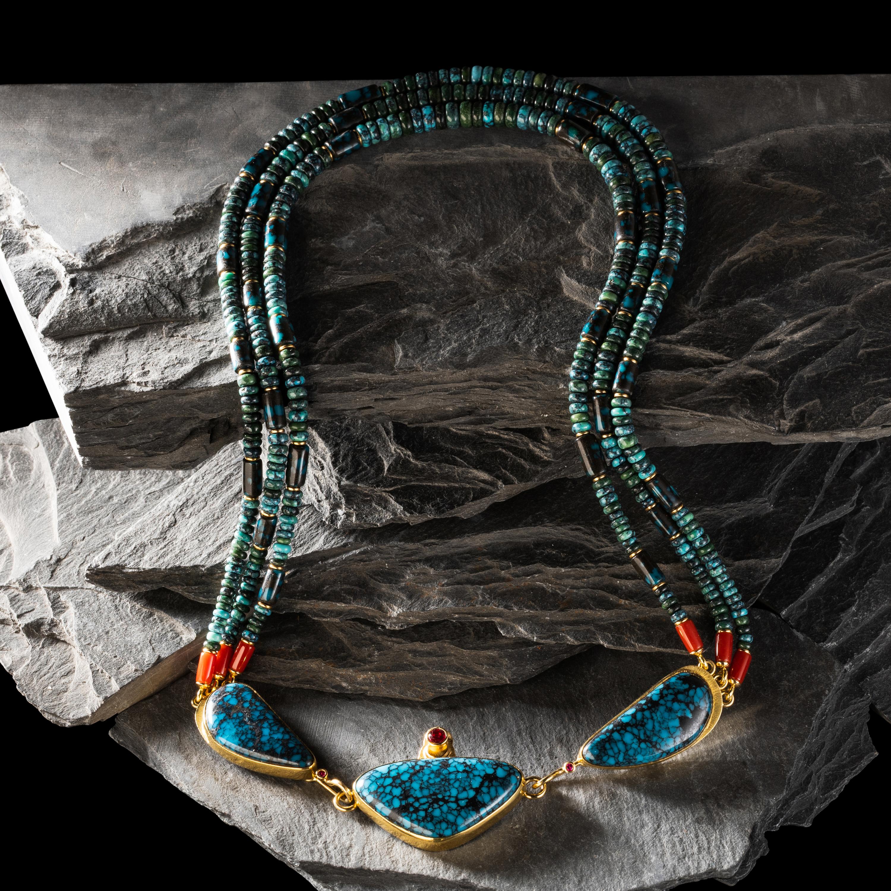 Larry Vasquez (Aztec-Mayan-Mescalero Apache, b. 1947) — 18K and 22K Gold and Gem Grade Turquoise Three-strand Necklace