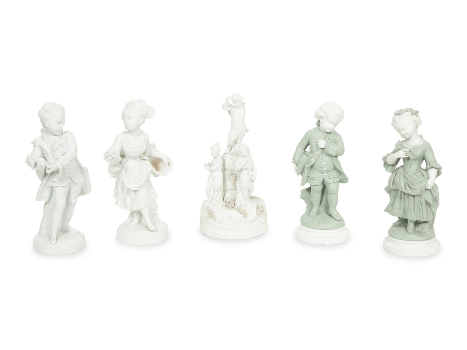 A Group of Five Continental Bisque Porcelain Figures