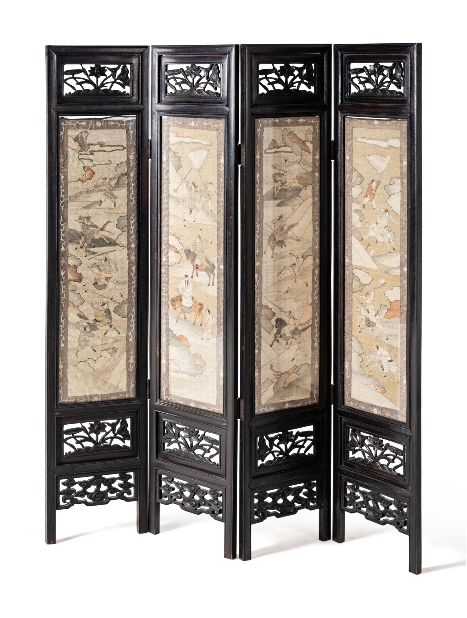 A Chinese Kesi Textile Inset Four-Panel Floor Screen, 19th Century 清晚期 紅木鑲緙絲人物故事圖四扇屏