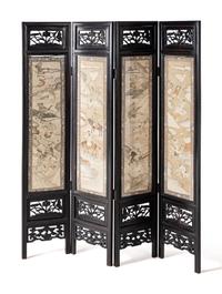 A Chinese Kesi Textile Inset Four-Panel Floor Screen, 19th Century 清晚期 紅木鑲緙絲人物故事圖四扇屏