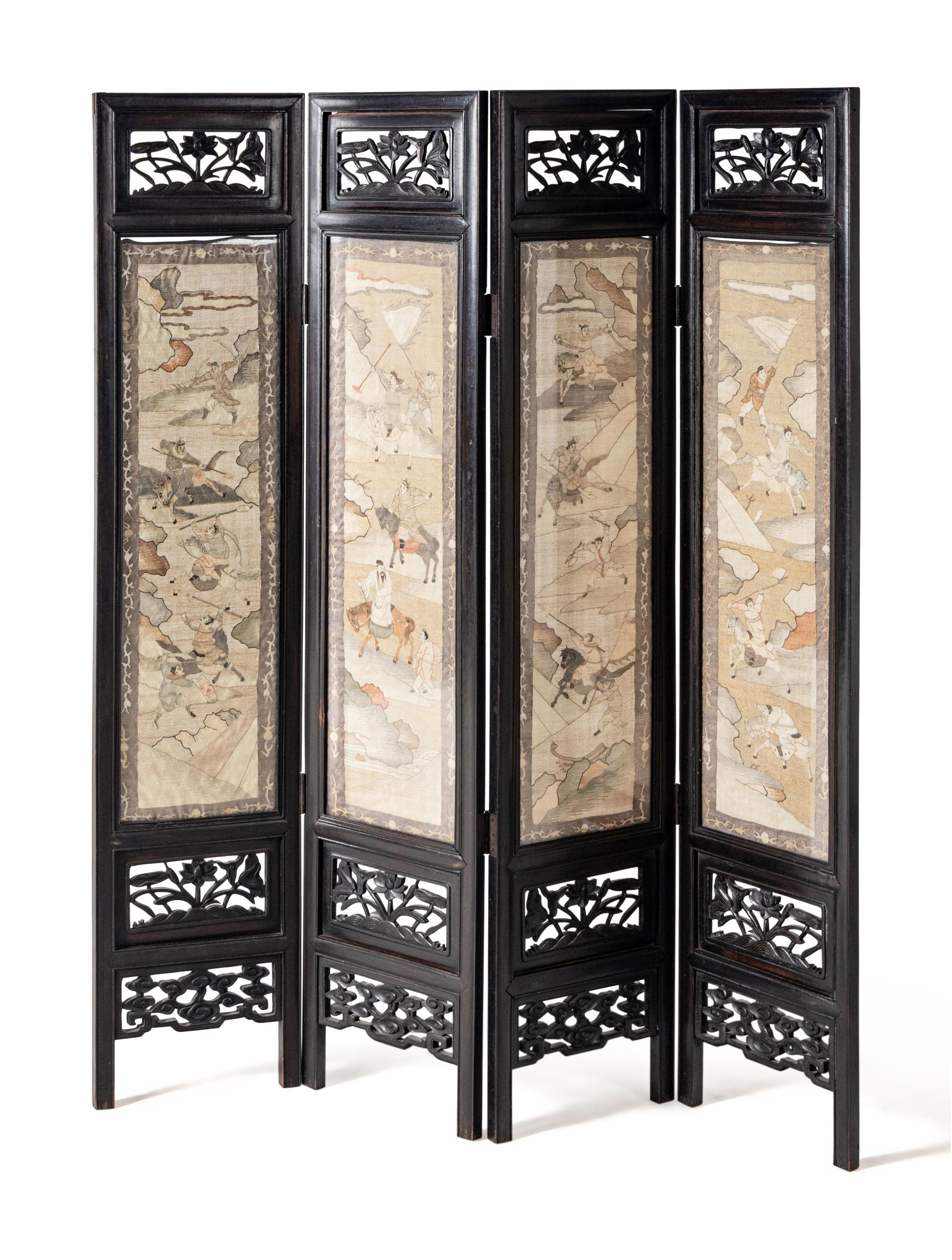 A Chinese Kesi Textile Inset Four-Panel Floor Screen, 19th Century 清晚期 紅木鑲緙絲人物故事圖四扇屏