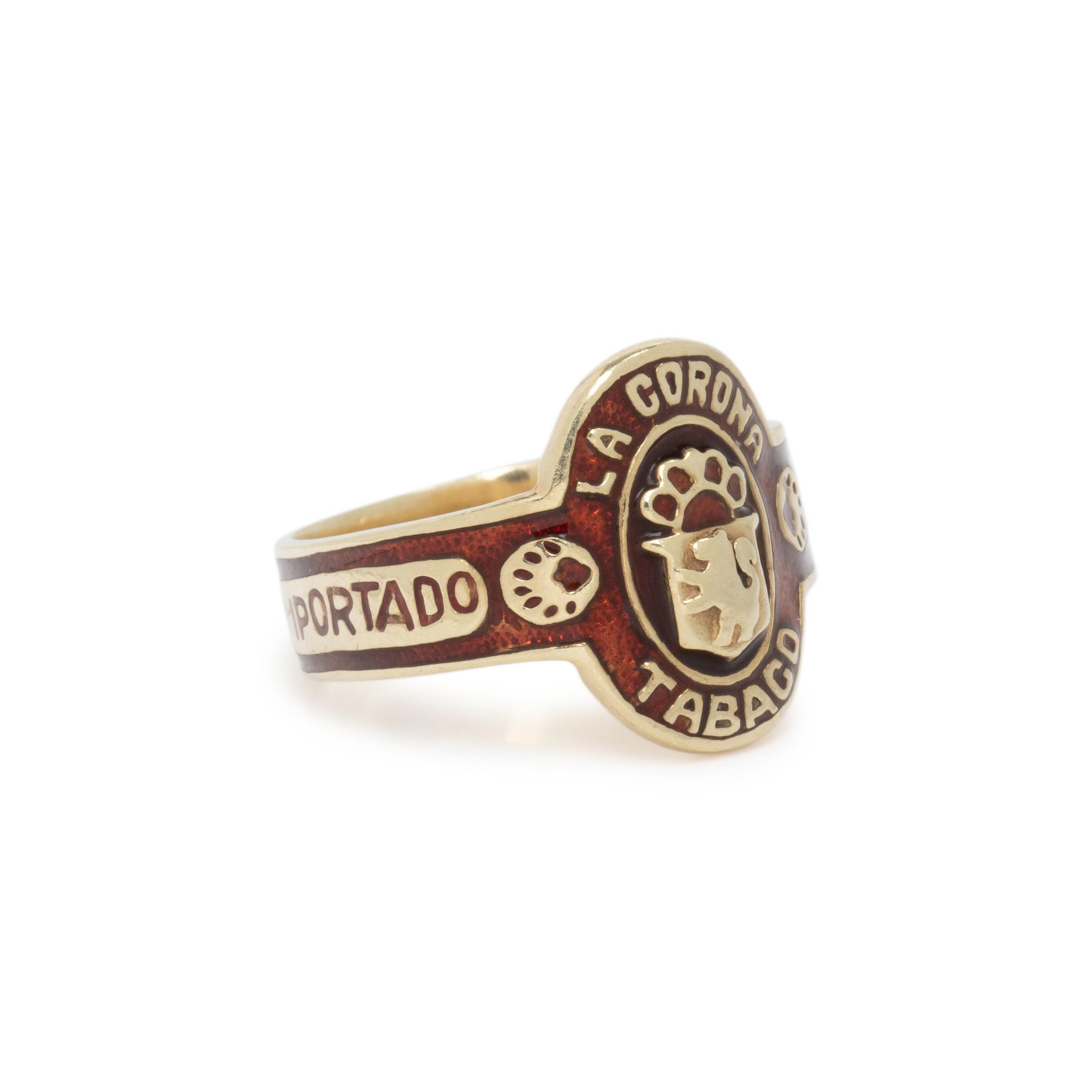 YELLOW GOLD AND RED ENAMEL CIGAR BAND RING