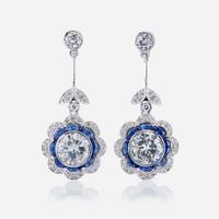 A pair of diamond, sapphire, and platinum earrings