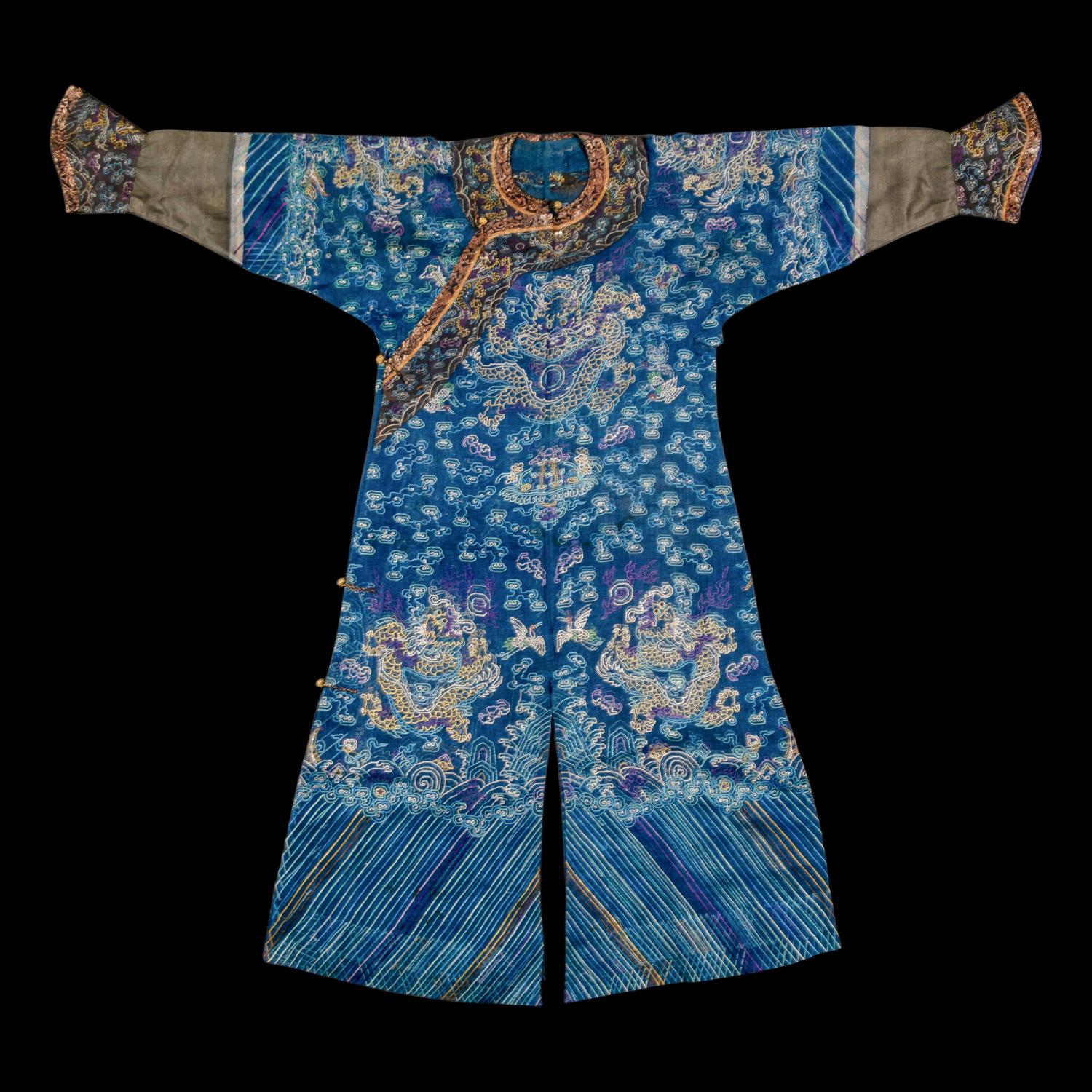 A Chinese Summer Gauze 'Dragon' Robe, Jifu, Late 19th Century 清晚期 藍地納紗繡雲龍紋夏吉服
