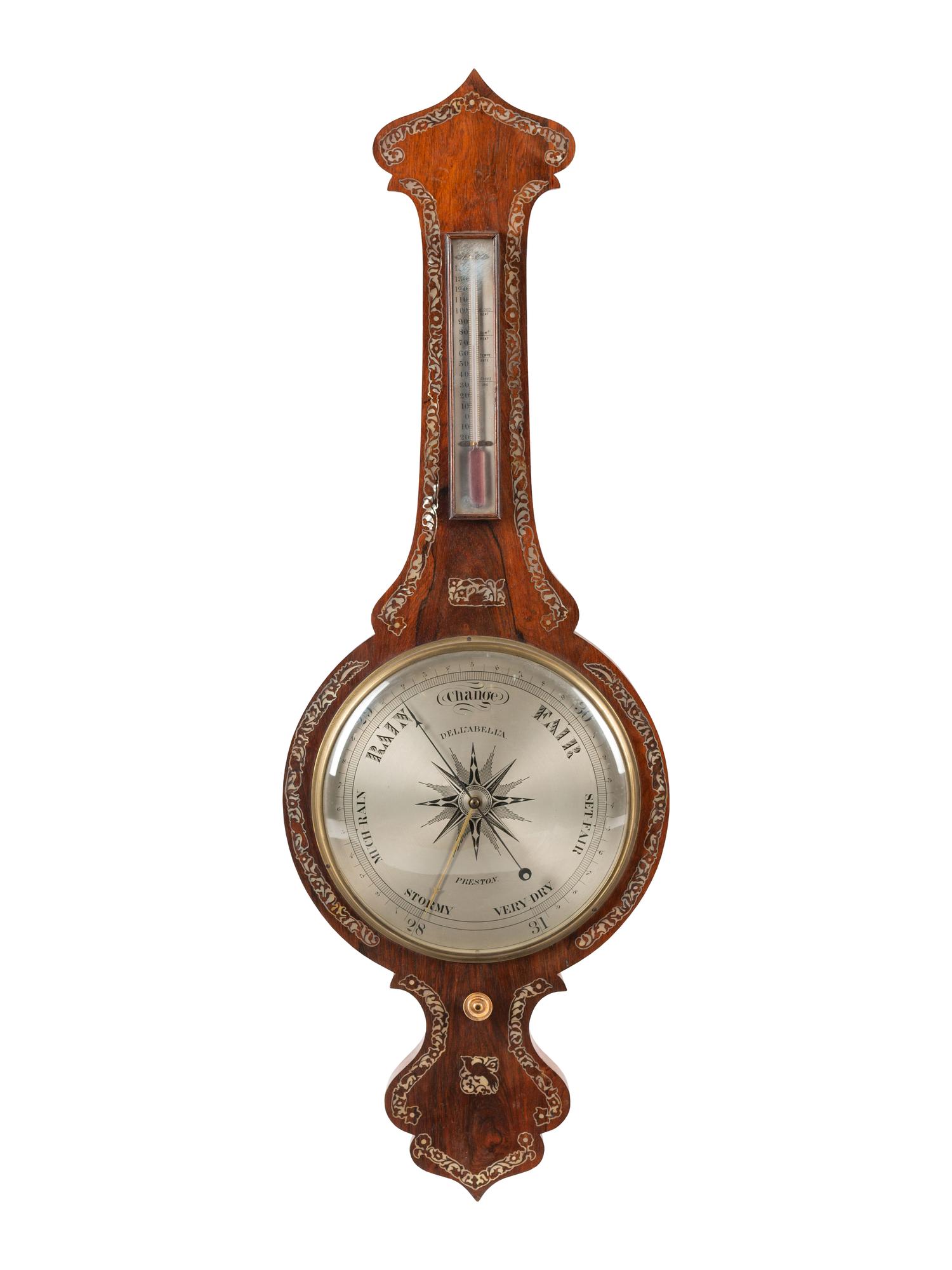 An English Mother-of-Pearl Inlaid Rosewood Wheel Barometer