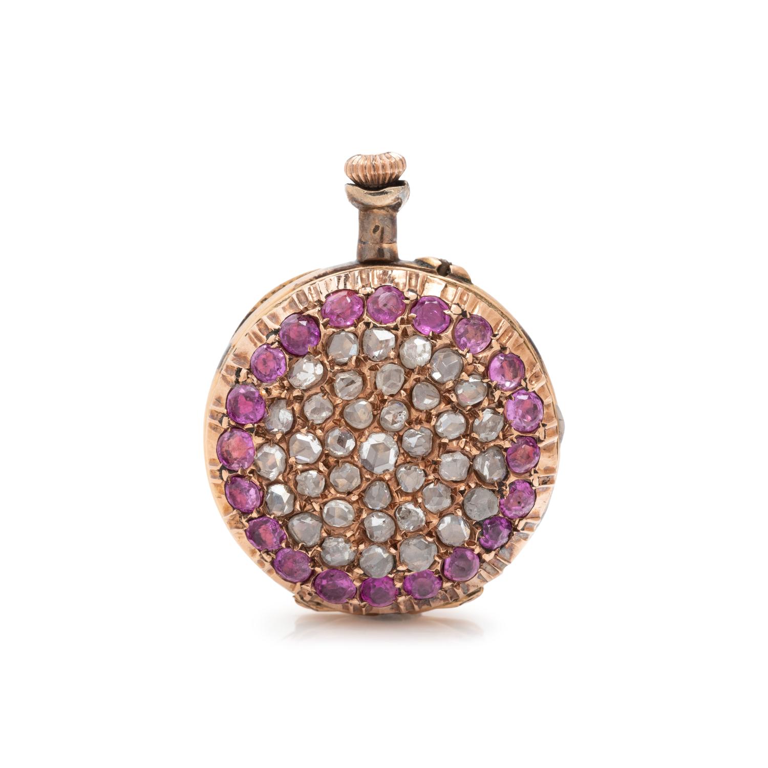 18K ROSE GOLD, PINK SAPPHIRE AND DIAMOND POCKET WATCH