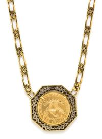 An 18 Karat Yellow Gold, US $10 Dollar Liberty Coin and Diamond Necklace, La Triomphe, 44.80 dwts.