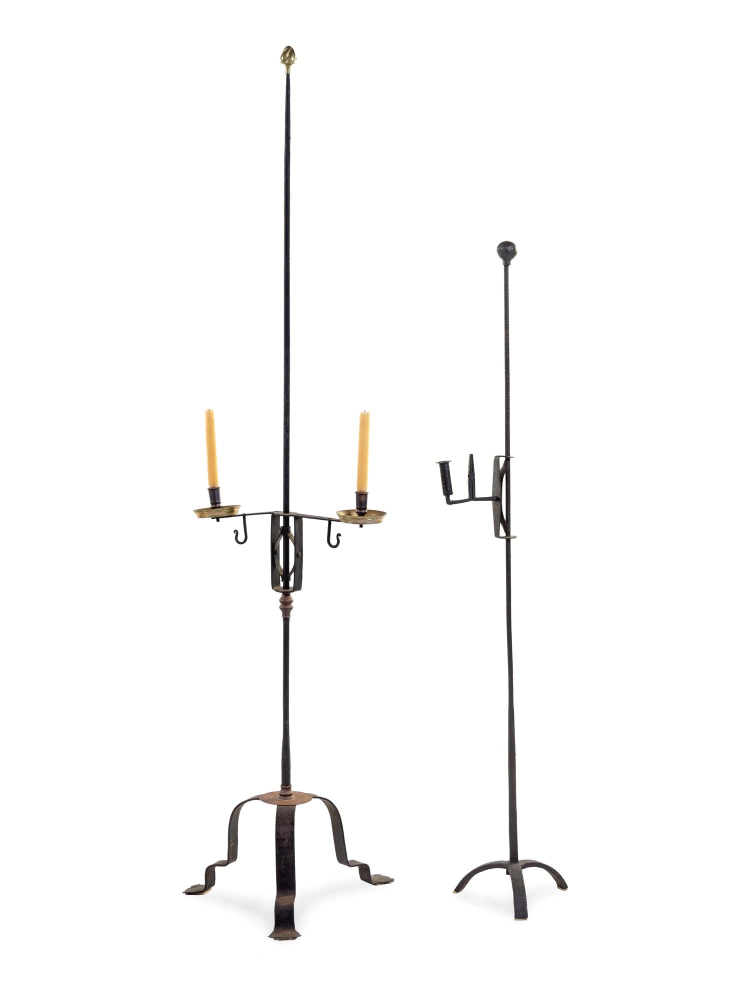 A William and Mary Style Iron Two-Arm Candelabrum and a Similar Candelabrum