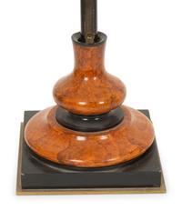 A Pair of Treen and Steel Hurricane Lamps with Etched Glass Shades