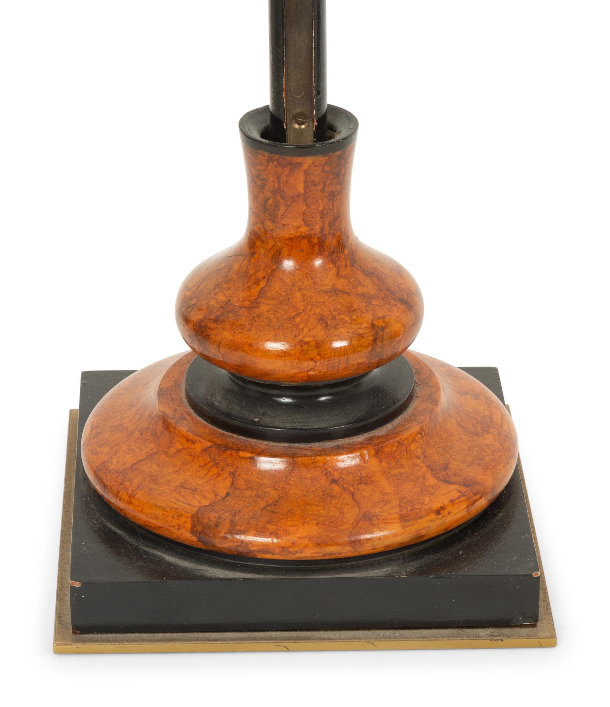 A Pair of Treen and Steel Hurricane Lamps with Etched Glass Shades