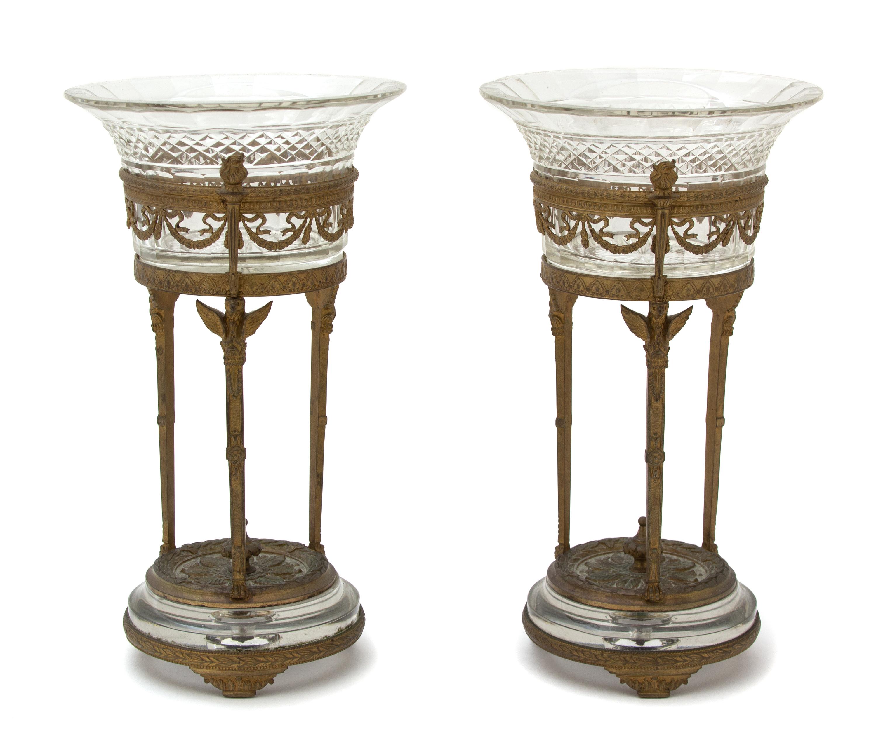 A Pair of French Empire Style Gilt Bronze and Colorless Glass Compotes Height 9 3/4 x diameter 5 inches. — 19TH CENTURY
