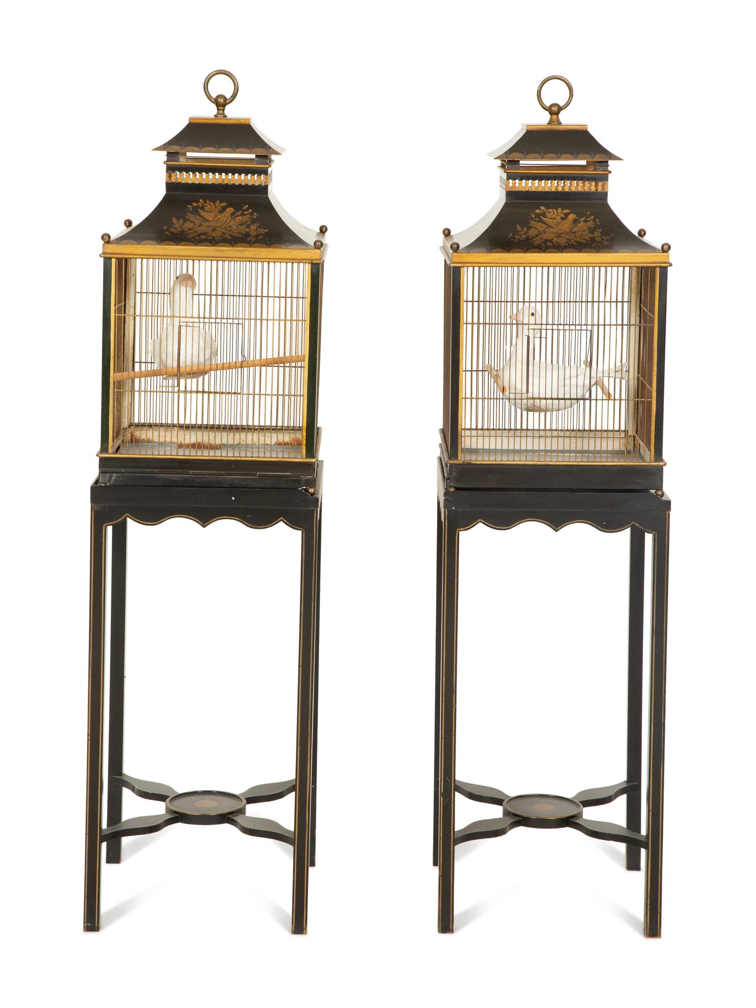 A Pair of Regency Style Tole Birdcages on Stands