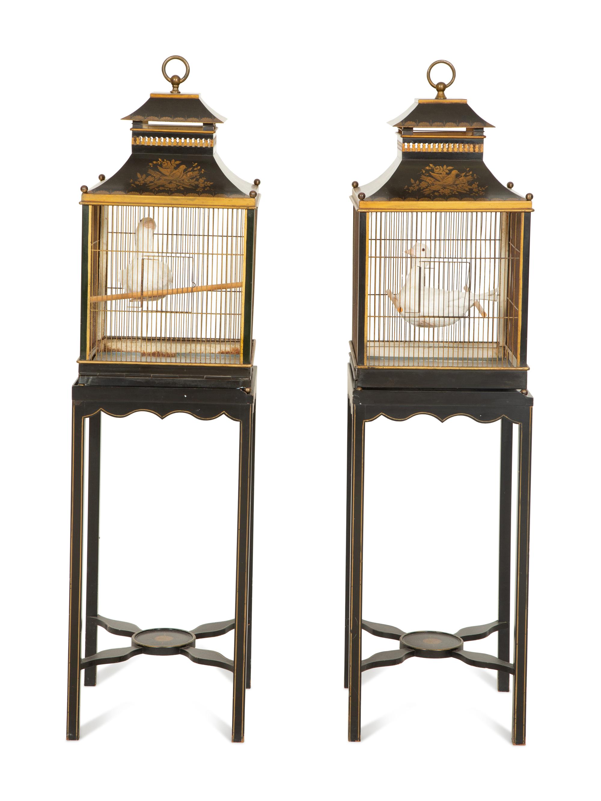 A Pair of Regency Style Tole Birdcages on Stands