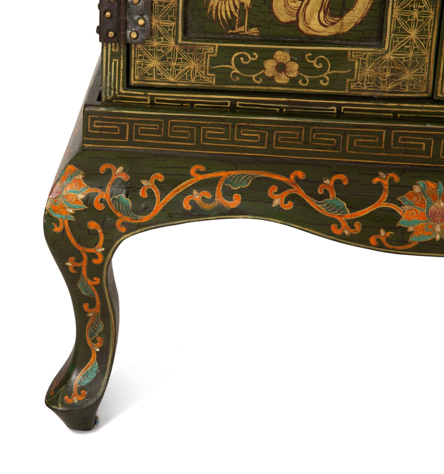 A Chinese Painted and Parcel Gilt Cabinet on Stand