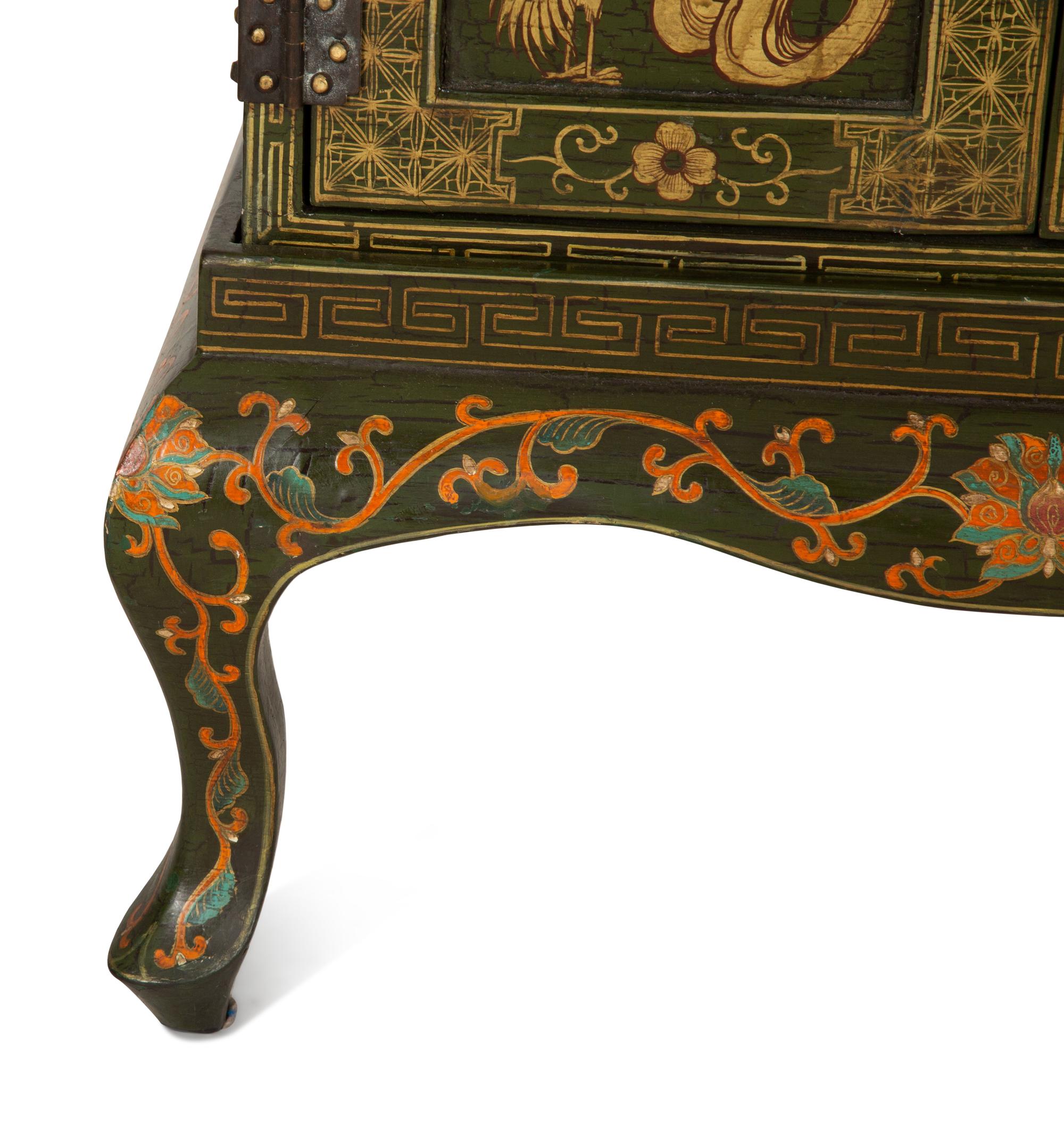 A Chinese Painted and Parcel Gilt Cabinet on Stand