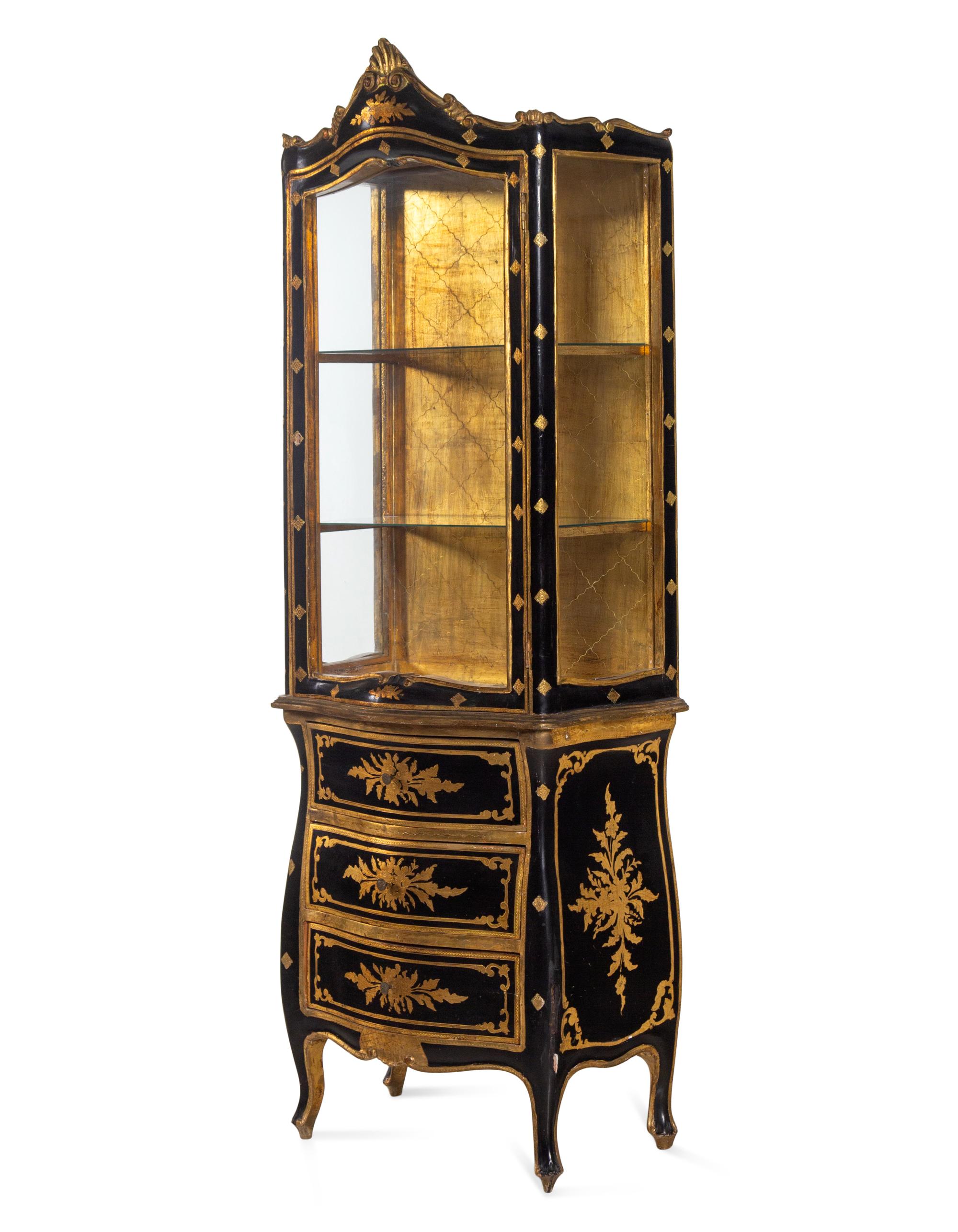 An Italian Parcel Gilt Ebonized Vitrine Cabinet