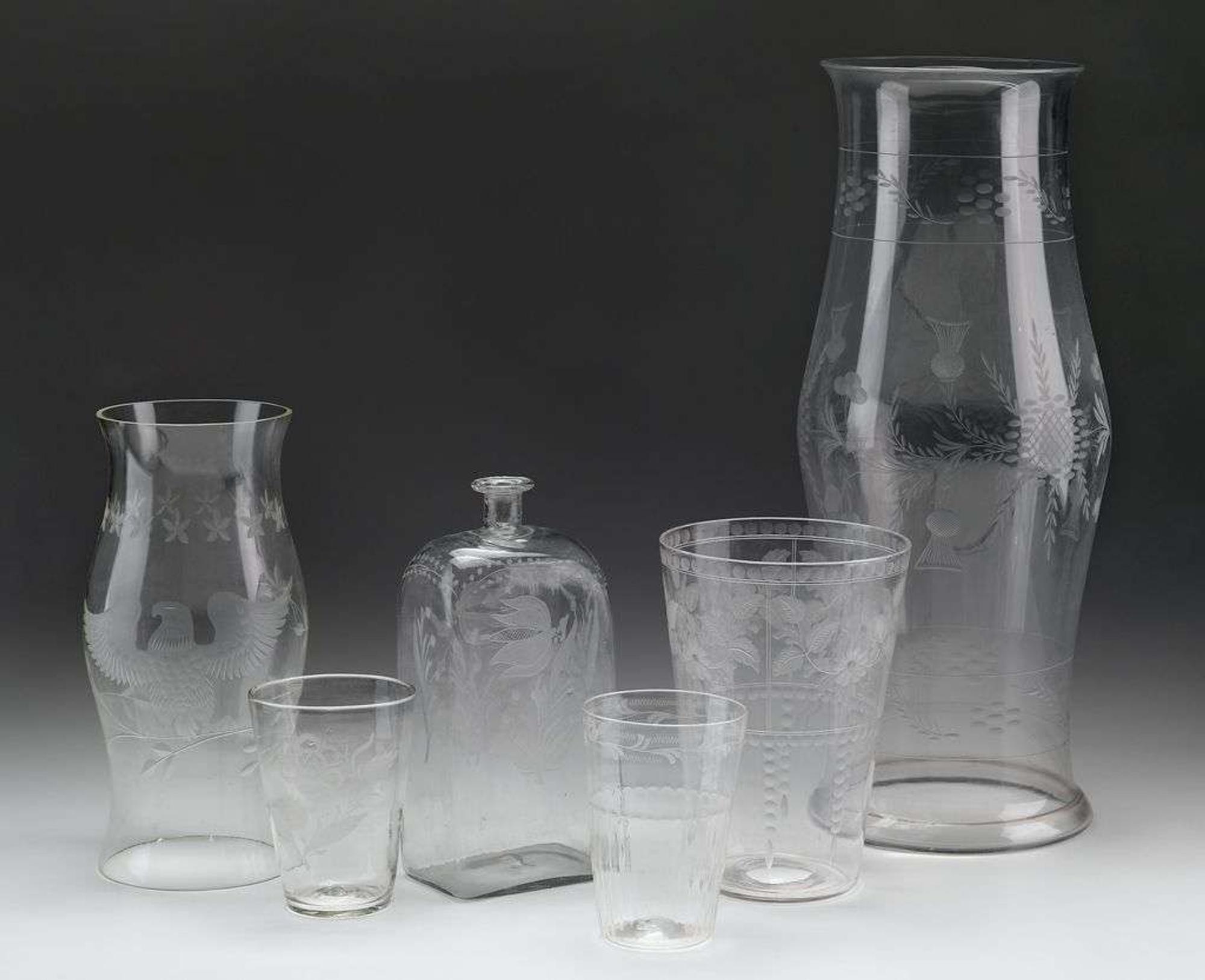 Group of etched uncolored blown glassware 19th century