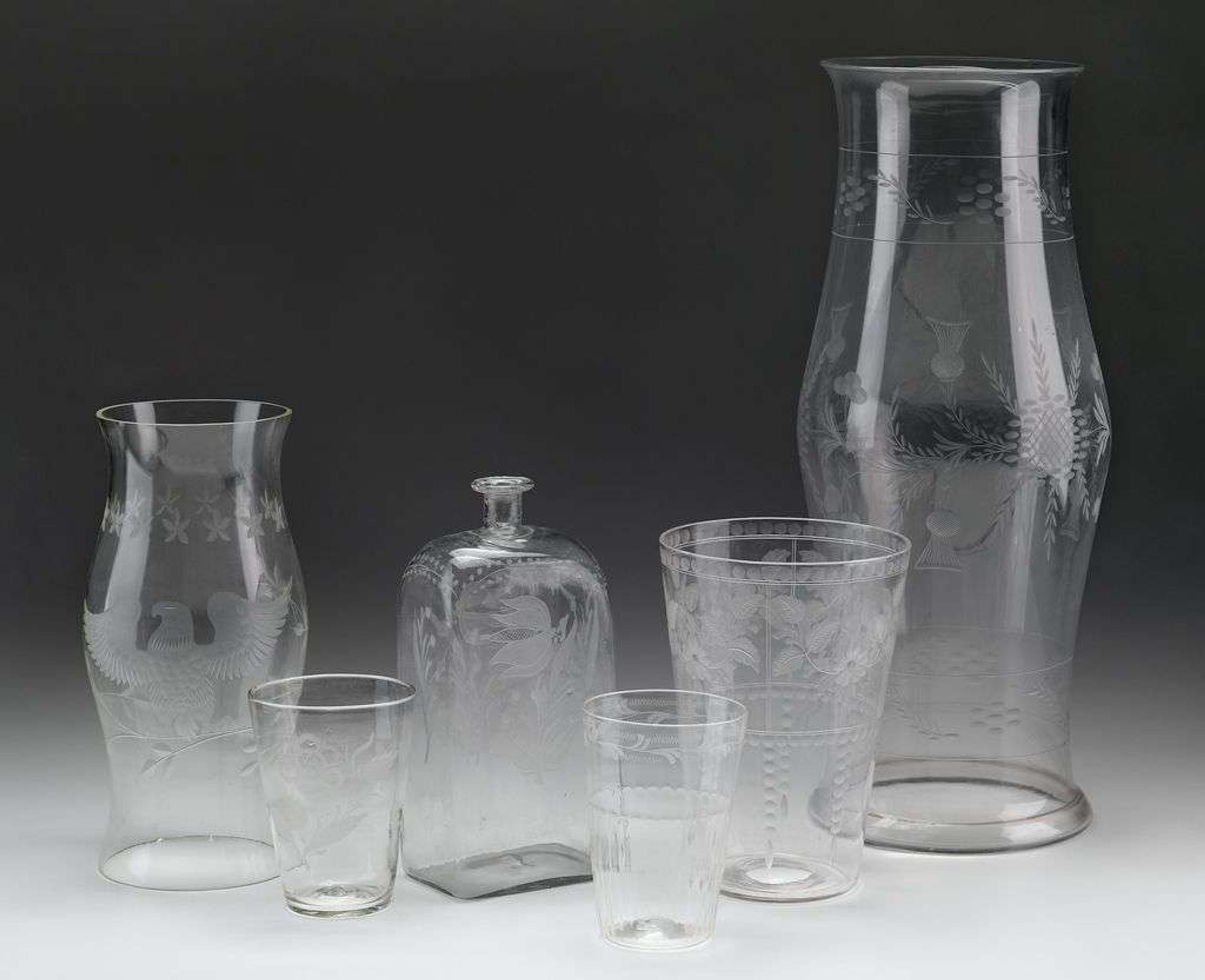 Group of etched uncolored blown glassware 19th century