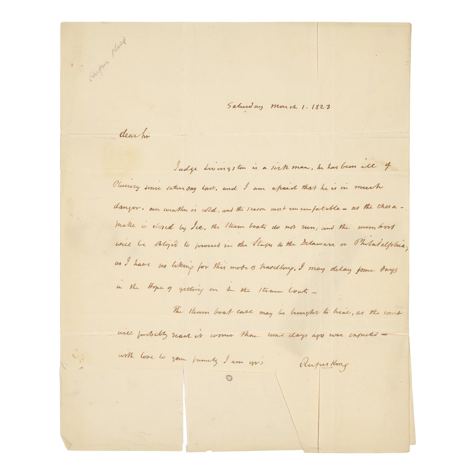 [Americana] King, Rufus. Autograph letter, signed