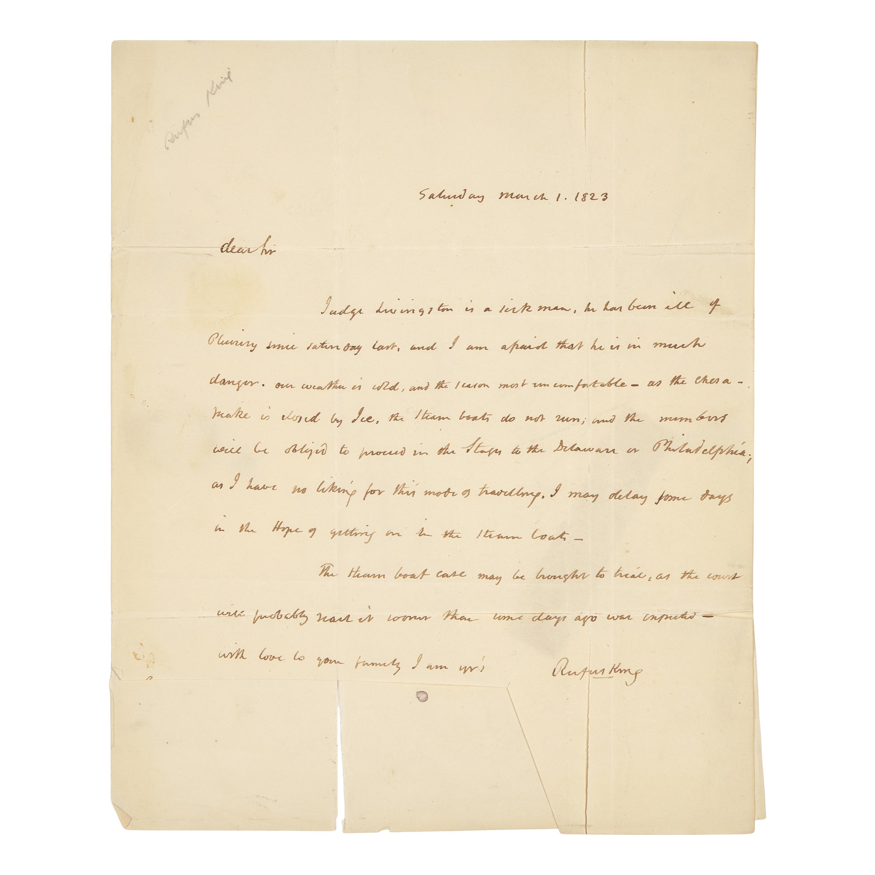 [Americana] King, Rufus. Autograph letter, signed