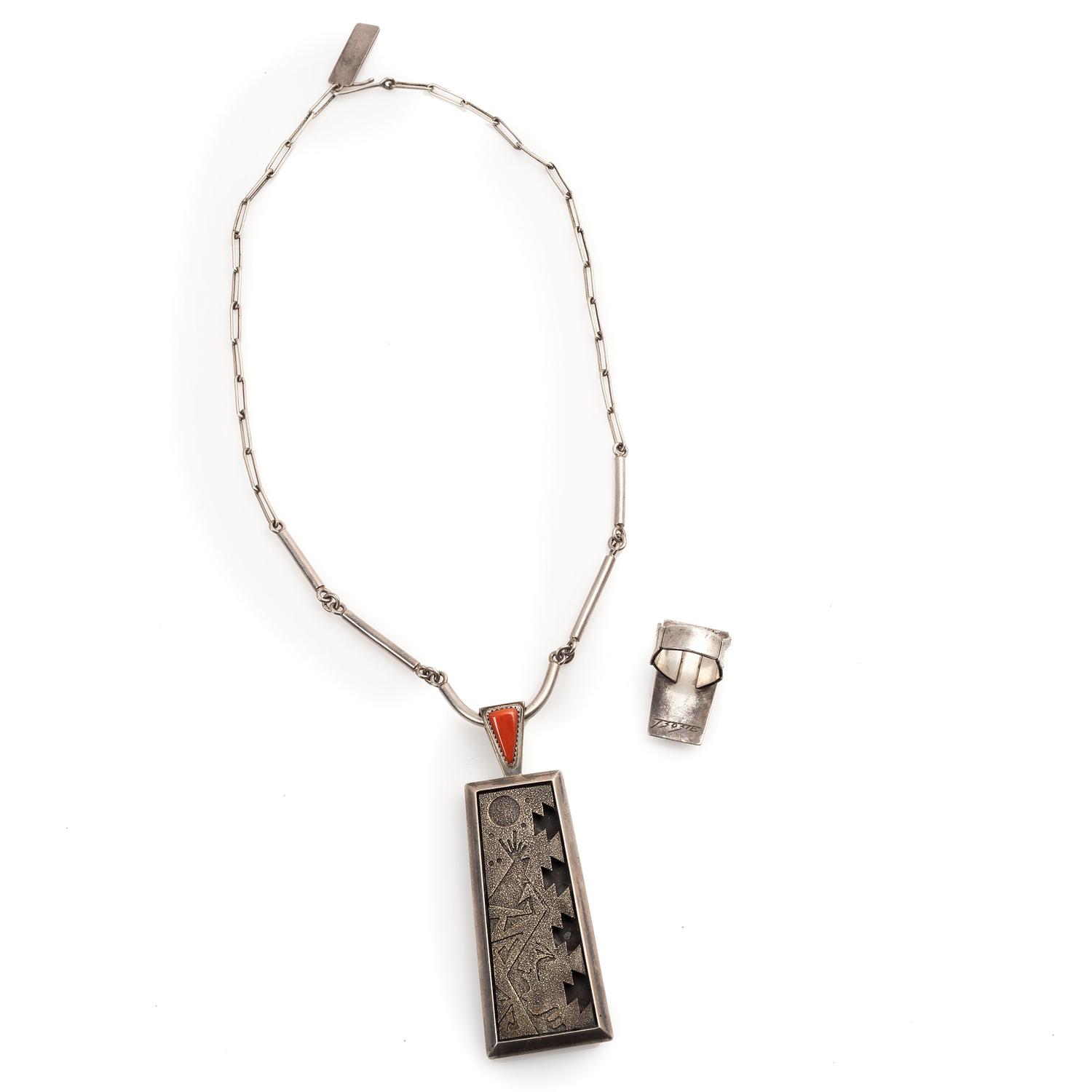Sterling Silver, Turquoise, Shell and Coral Inlay Necklace, AND Ring