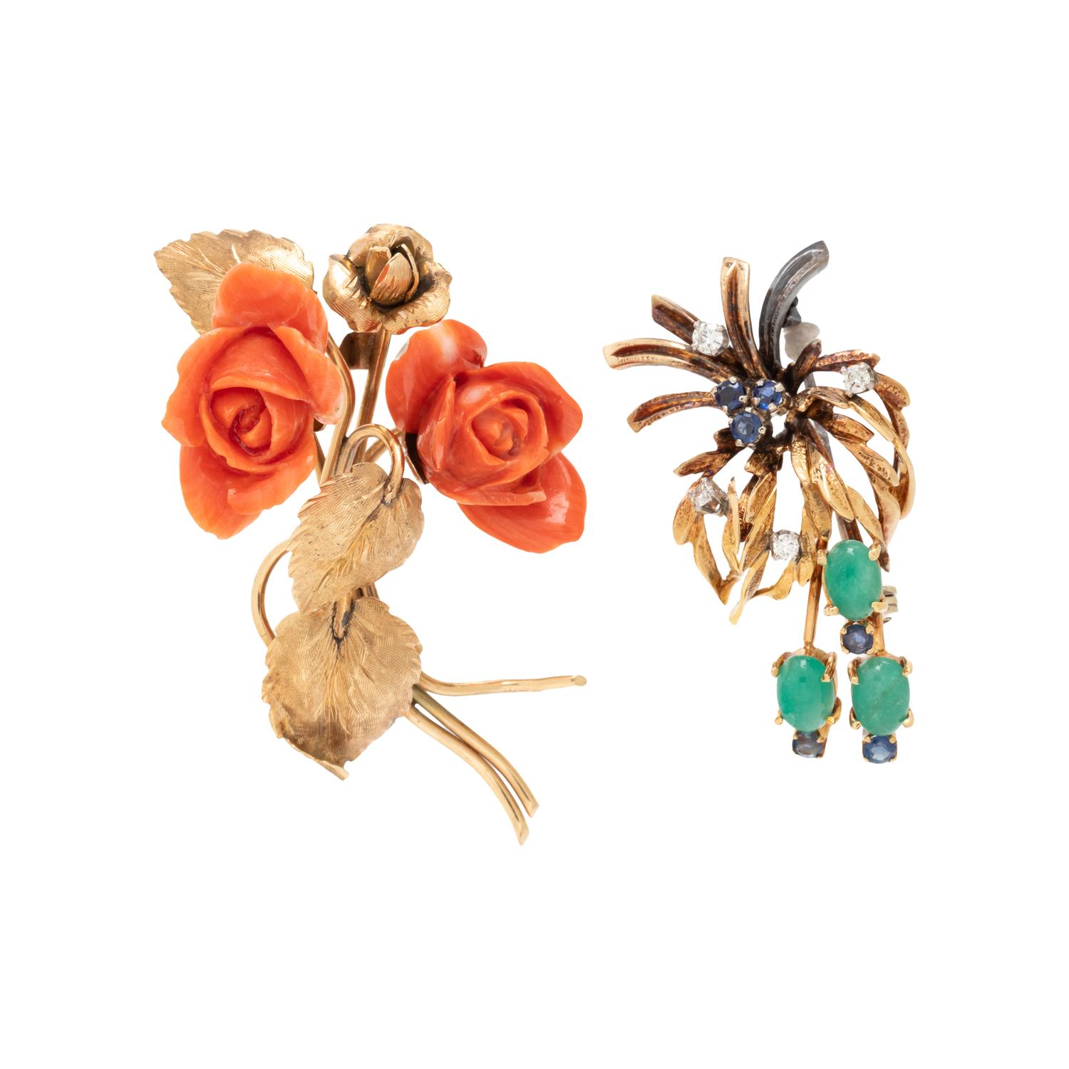 TWO GOLD AND GEMSTONE BROOCHES